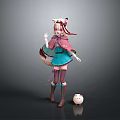 Cat Ear Girl With Pink Hair In Blue Outfit And Small White Round Creature