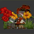 Vibrant Red And Yellow Flowers Around Mushroom House With Green Grass And Pathway