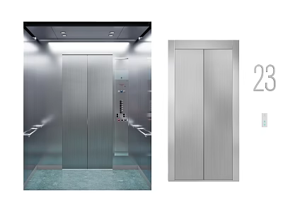 Modern Elevator Stainless Steel Interior Exterior With Control Panel Handrails And Floor Number 23 3d model