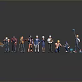 Diverse Professional Figurines Standing With Orange Creature Model On Dark Surface