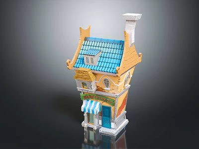 Cartoon Style Yellow Building Scene With Blue Roof Chimney And Striped Awning Windows Blue Door 3d model