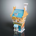 Cartoon Style Yellow Building Scene With Blue Roof Chimney And Striped Awning Windows Blue Door