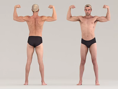 Shirtless Muscular Man Flexing Muscles From Front And Back Views In Black Swim Trunks 3d model