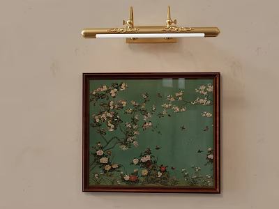 Decorative Botanical Painting Hanging On Wall With Green Background White Pink Flowers And Butterflies 3d model