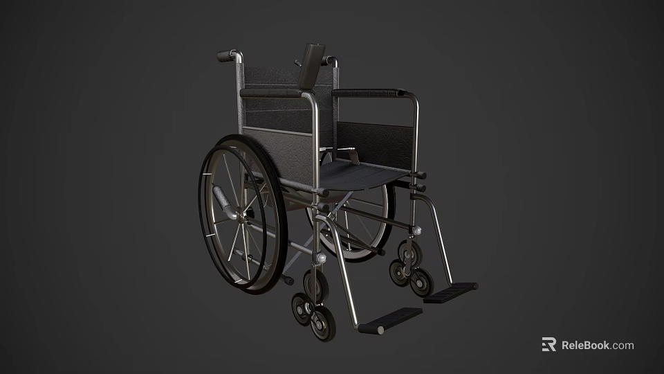 Standard Manual Wheelchair With Black Seat And Silver Metal Frame Structure 3d model 