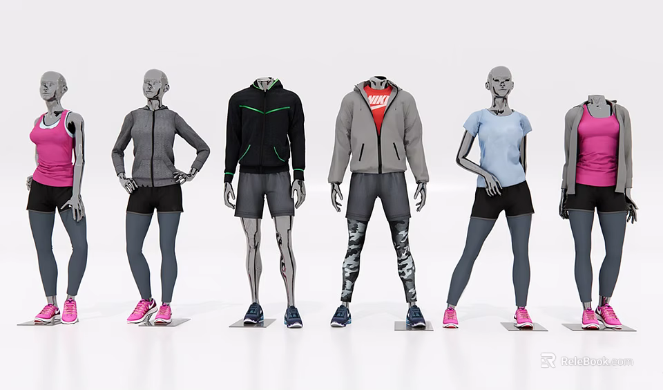 Human Mannequins Standing In A Row Wearing Different Sportswear Styles For 3d model 