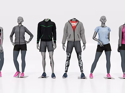 Human Mannequins Standing In A Row Wearing Different Sportswear Styles For 3d model