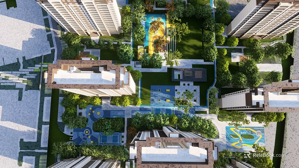 Residential Landscape With High Rise Buildings Lush Greenery And Swimming Pools 3d model 
