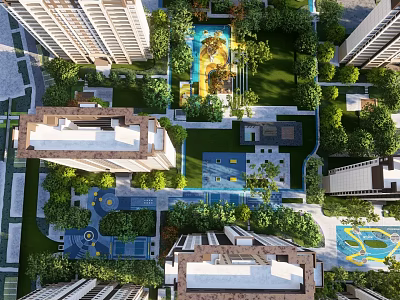 Residential Landscape With High Rise Buildings Lush Greenery And Swimming Pools 3d model