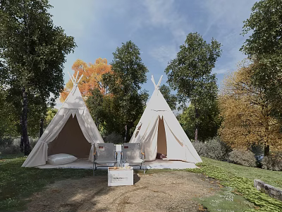 Serene Garden Landscape Featuring Two White Tepees And Lush Trees On Green Grassland 3d model