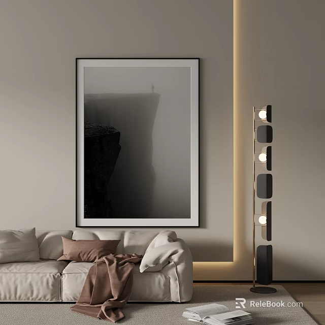 Black And White Landscape Painting In Modern Living Room 3d model 
