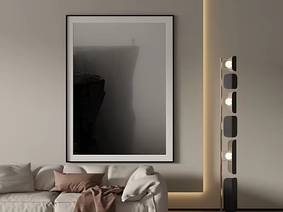 Black And White Landscape Painting In Modern Living Room 3d model