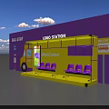 Vibrant Bus Stop with Logo Station Yellow Truck Purple Seats and Welcome Sign