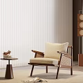 Modern Accent Chair With Light Fabric Cushion Wooden Frame Side Table And Floor Lamp