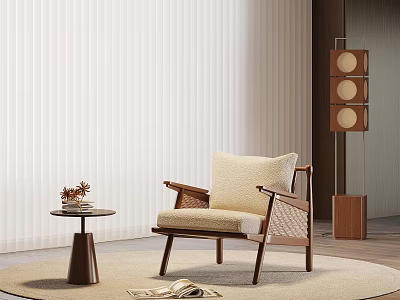 Modern Accent Chair With Light Fabric Cushion Wooden Frame Side Table And Floor Lamp 3d model