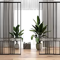 Modern Room Divider With Black Frame Vertical Striped Glass And Round Handle