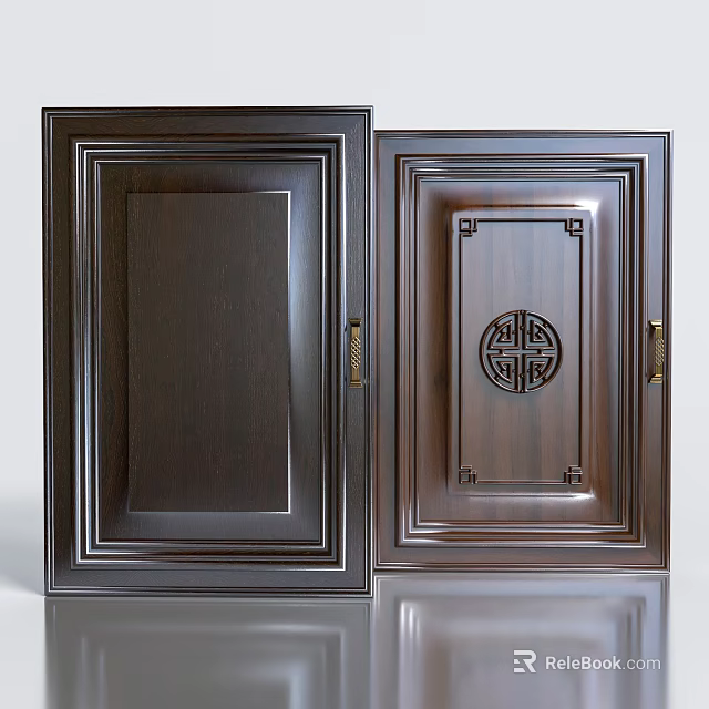 Traditional Dark Wood Cabinet Doors With Carved Chinese Pattern And Golden Handles 3d model 