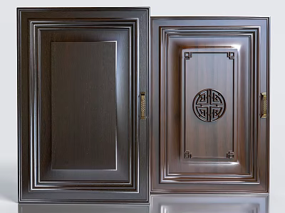 Traditional Dark Wood Cabinet Doors With Carved Chinese Pattern And Golden Handles 3d model