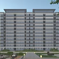Modern High Rise Residential Building With Glass Curtain Wall Landscaping And People On Pathway