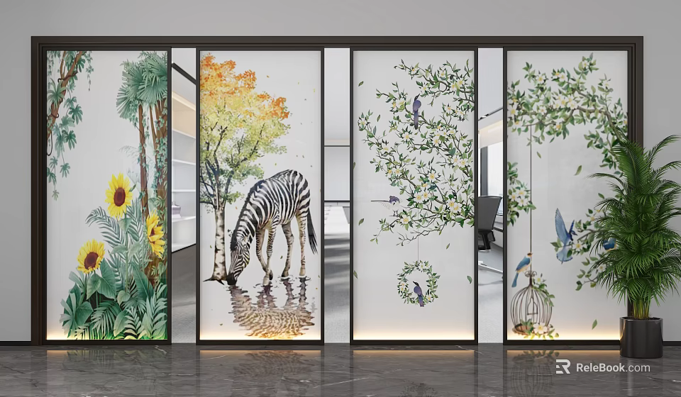 Decorative Room Dividers Featuring Sunflowers Zebra Trees Birds And Birdcage Art 3d model 