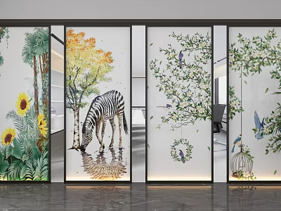 Decorative Room Dividers Featuring Sunflowers Zebra Trees Birds And Birdcage Art 3d model