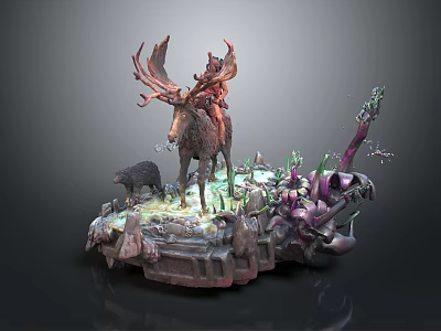 Rider On Antlered Deer Figure With Fantasy Plants And Small Creatures 3d model