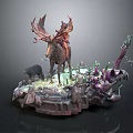 Rider On Antlered Deer Figure With Fantasy Plants And Small Creatures