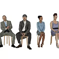 Group of diverse people sitting on chairs arranged in a row against orange background
