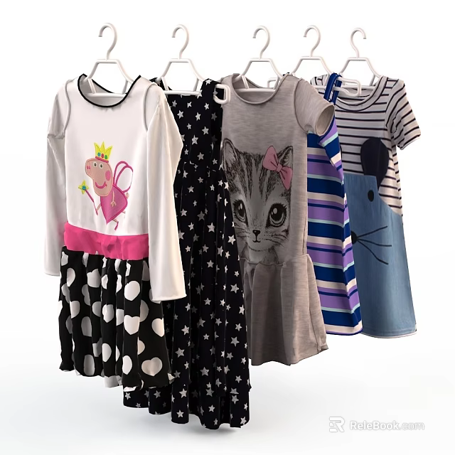 Cute Children's Clothes Hanging With Peppa Pig Cat Pattern Striped And Polka Dot Designs 3d model 