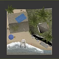 Cartoon Beach Scene With Thatched Hut Trees Boat Umbrella And Water Decorations