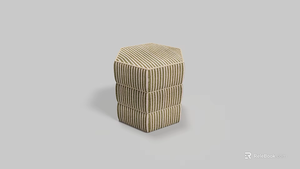 Hexagonal Striped Ottoman Upholstered in Neutral Tones with Modern Stacked Design 3d model 