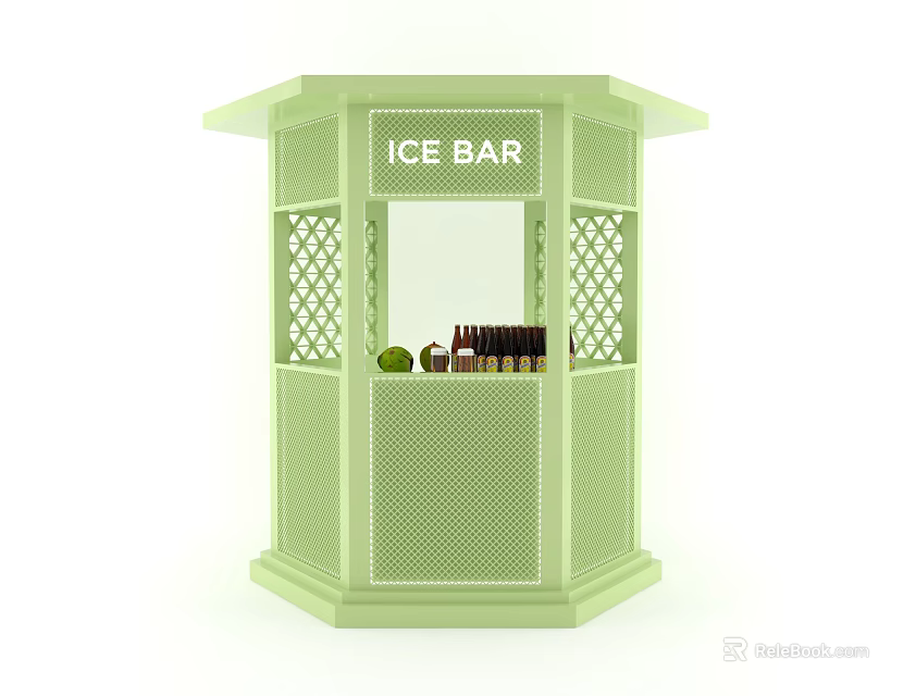 Commercial Outdoor Ice Bar Setup With Green Kiosk Lattice Design And Drinks Bottles 3d model 