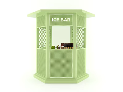 Commercial Outdoor Ice Bar Setup With Green Kiosk Lattice Design And Drinks Bottles 3d model