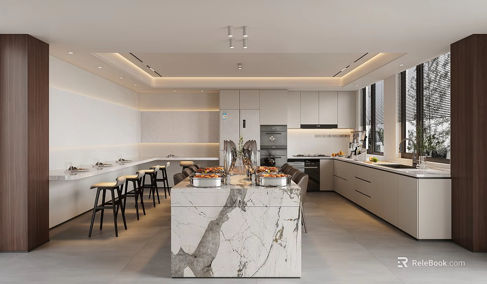 Modern Restaurant Kitchen With Open Design Marble Island White Cabinets And Bar Stools 3d model 