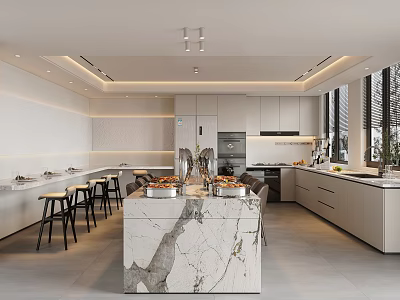 Modern Restaurant Kitchen With Open Design Marble Island White Cabinets And Bar Stools 3d model