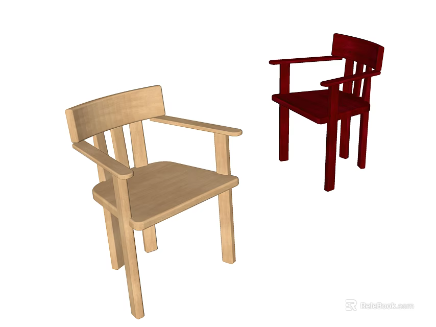 Simple Design Wooden Leisure Chairs With Armrests In Light And Red Tones 3d model 