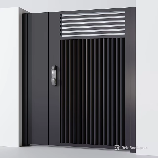 Modern Black Entrance Door With Vertical Slats And Top Horizontal Slats 3d model 