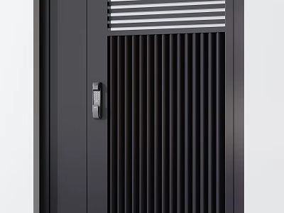 Modern Black Entrance Door With Vertical Slats And Top Horizontal Slats 3d model