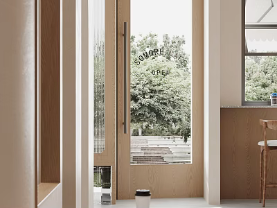 Cozy Cafe Entrance Featuring Glass Door Green Trees Wooden Interior And Coffee Cup 3d model