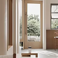 Cozy Cafe Entrance Featuring Glass Door Green Trees Wooden Interior And Coffee Cup