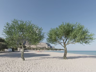 Two Green Arbor Trees Standing on Sandy Beach with Mountain Sea and Blue Sky 3d model