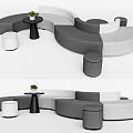 Modern Curved Sectional Sofa With Gray White Upholstery Small Table And Stools 3d model