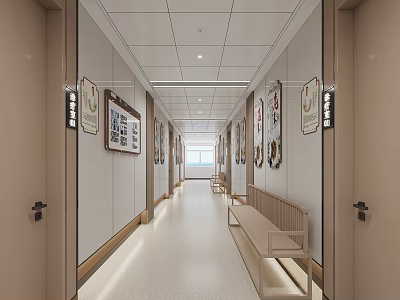 Spacious Elevator Hallway With Wall Decor Bench And Ceiling Lights 3d model