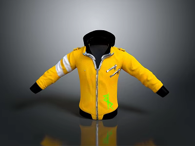 Stylish Yellow Jacket With Black Hood Cuffs White Striped Sleeves Green Logo And Zipper 3d model