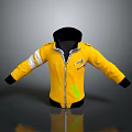 Stylish Yellow Jacket With Black Hood Cuffs White Striped Sleeves Green Logo And Zipper