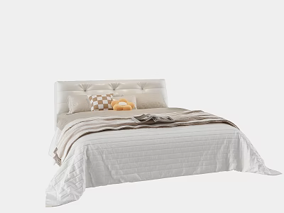 Minimalist Modern Double Bed With Tufted Headboard Quilted Bedspread Decorative Pillows And Blankets 3d model