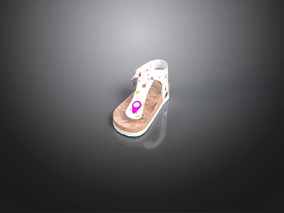 Cute Children's Sandals With White Upper Brown Sole Colorful Patterns And Pink Decoration 3d model
