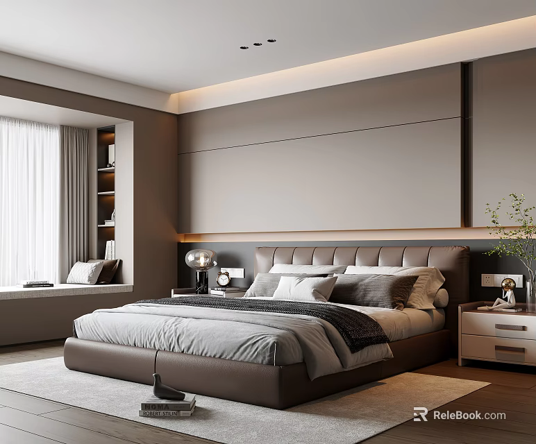 Modern Bedroom Interior Design With Large Bed Headboard Wall Nightstand And Window Seating Area 3d model 