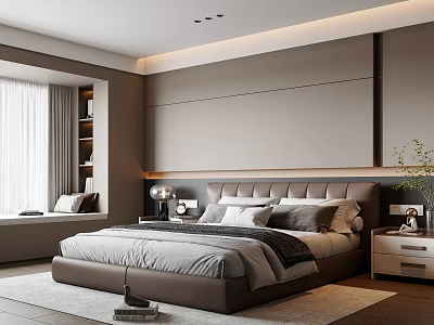 Modern Bedroom Interior Design With Large Bed Headboard Wall Nightstand And Window Seating Area 3d model