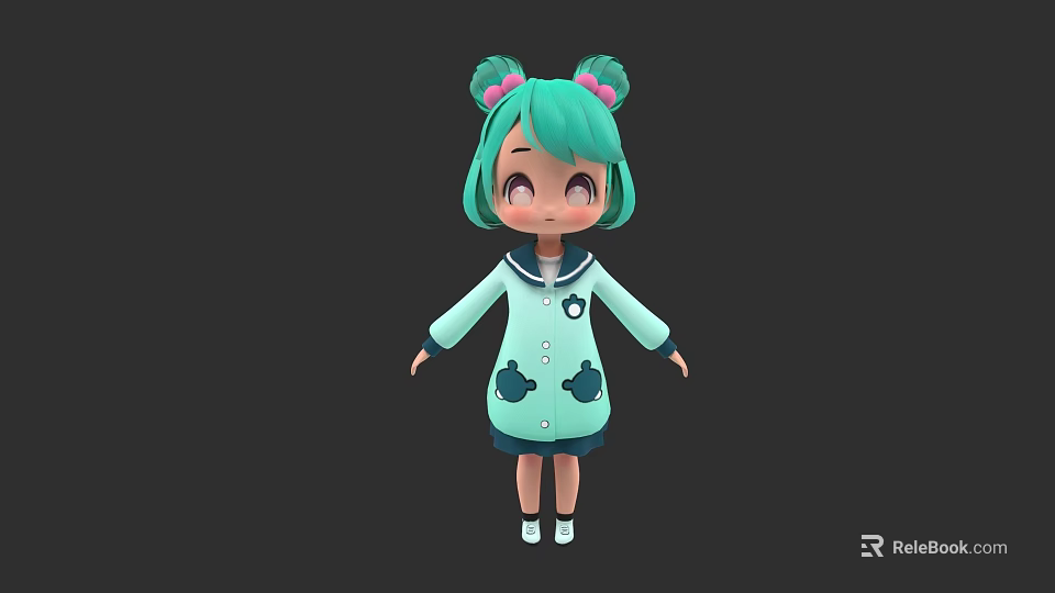 Cartoon Woman With Green Hair Pink Accessories Light Blue Coat Black Patterns White Shoes 3d model 